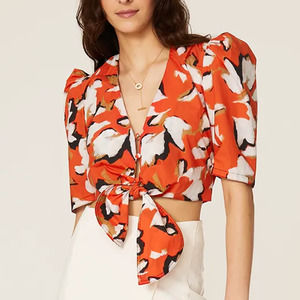 Hunter Bell Olive Top Floral Puff Sleeve Tie Front Cropped Orange White Small